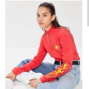Future State Sweatshirt Womens Size Medium Red/Yellow 1/4 Zip Skull Flame Fleece